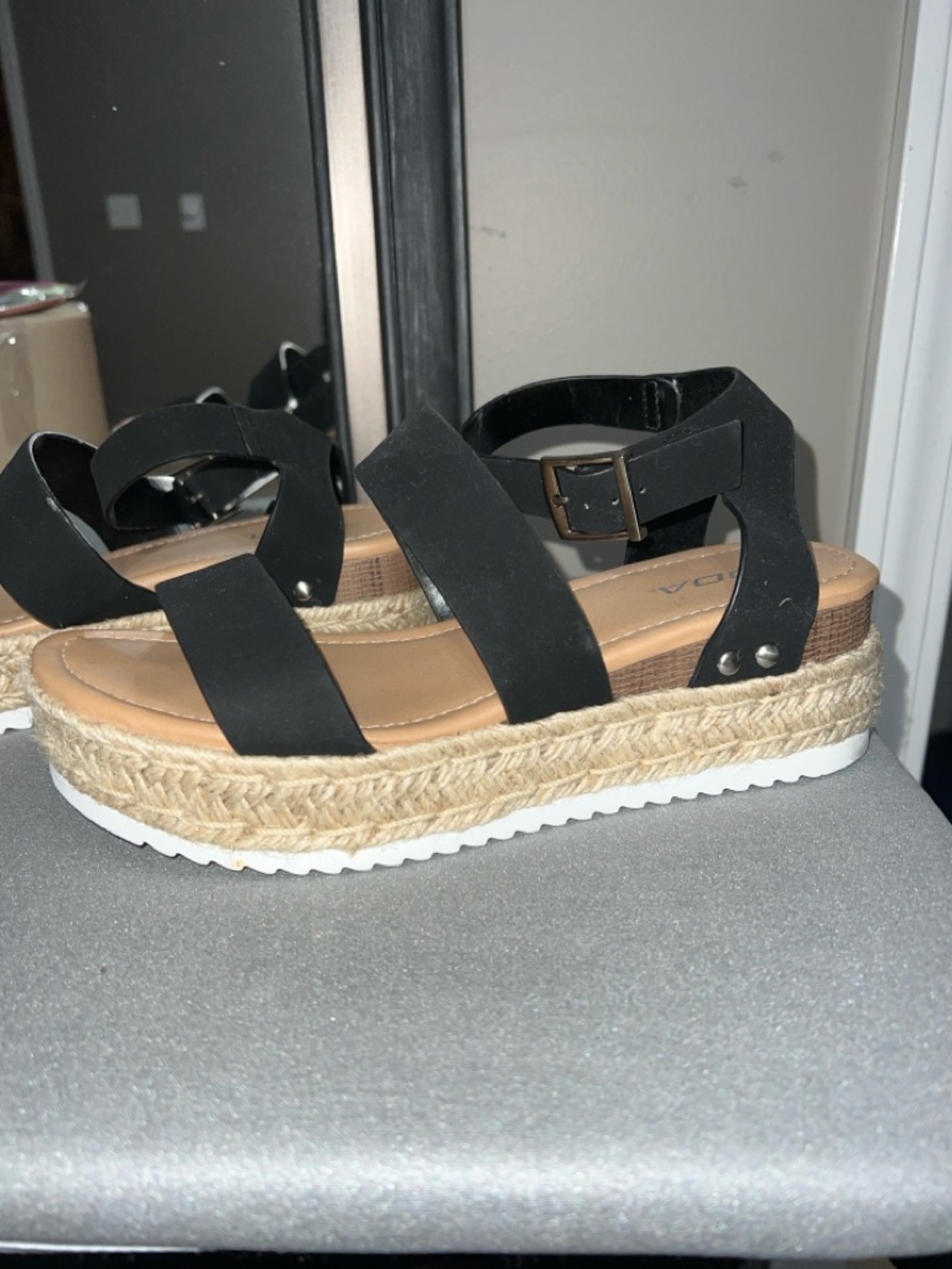 Soda Black Strappy Espadrille Sandals with Ankle Buckle